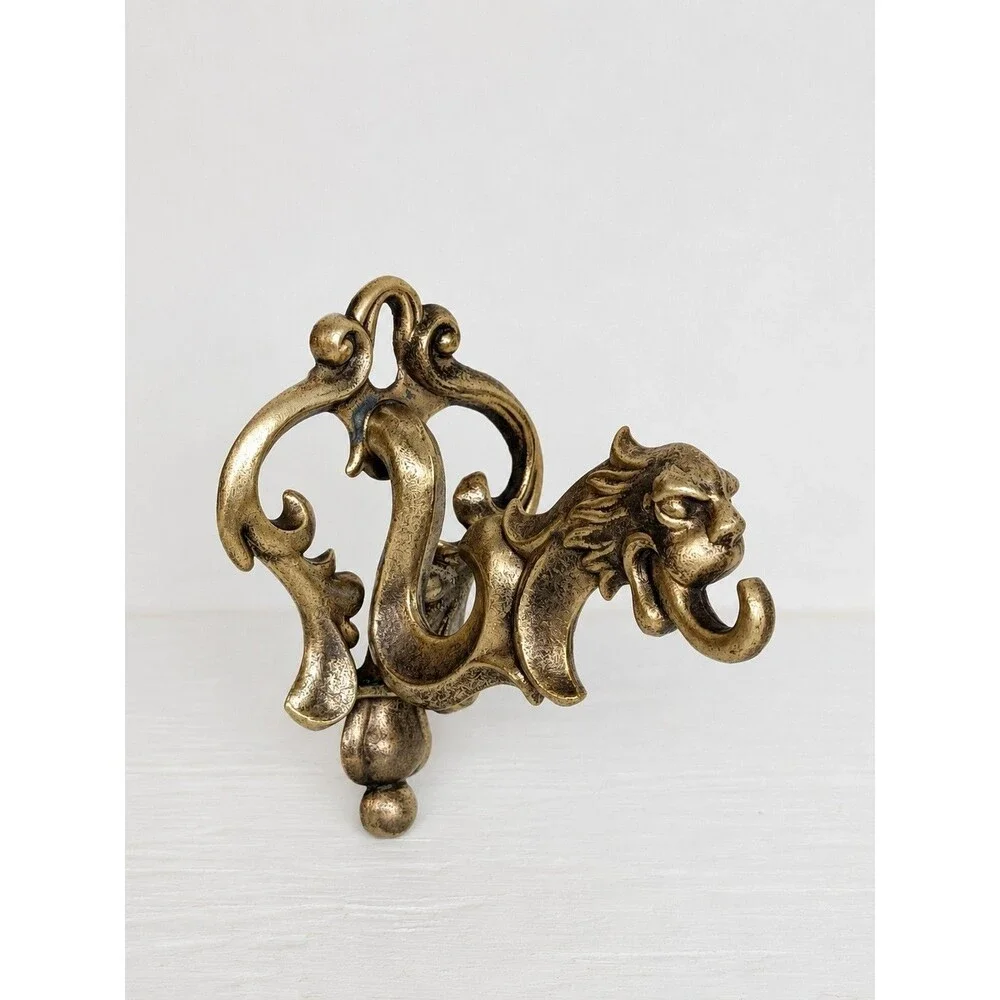 Antique Victorian Cast Brass Lion Gargoyle Wall Hook Coat Hat Gothic Mythical